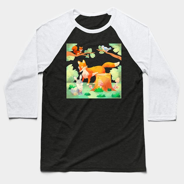 Watercolor Forest animal Baseball T-Shirt by Mako Design 